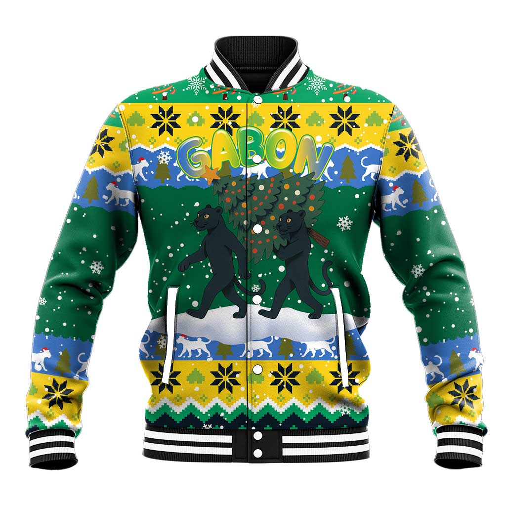 Gabon Christmas Baseball Jacket with Black Panthers Carrying Tree and Green Yellow Snowflake Pattern - Wonder Print Shop
