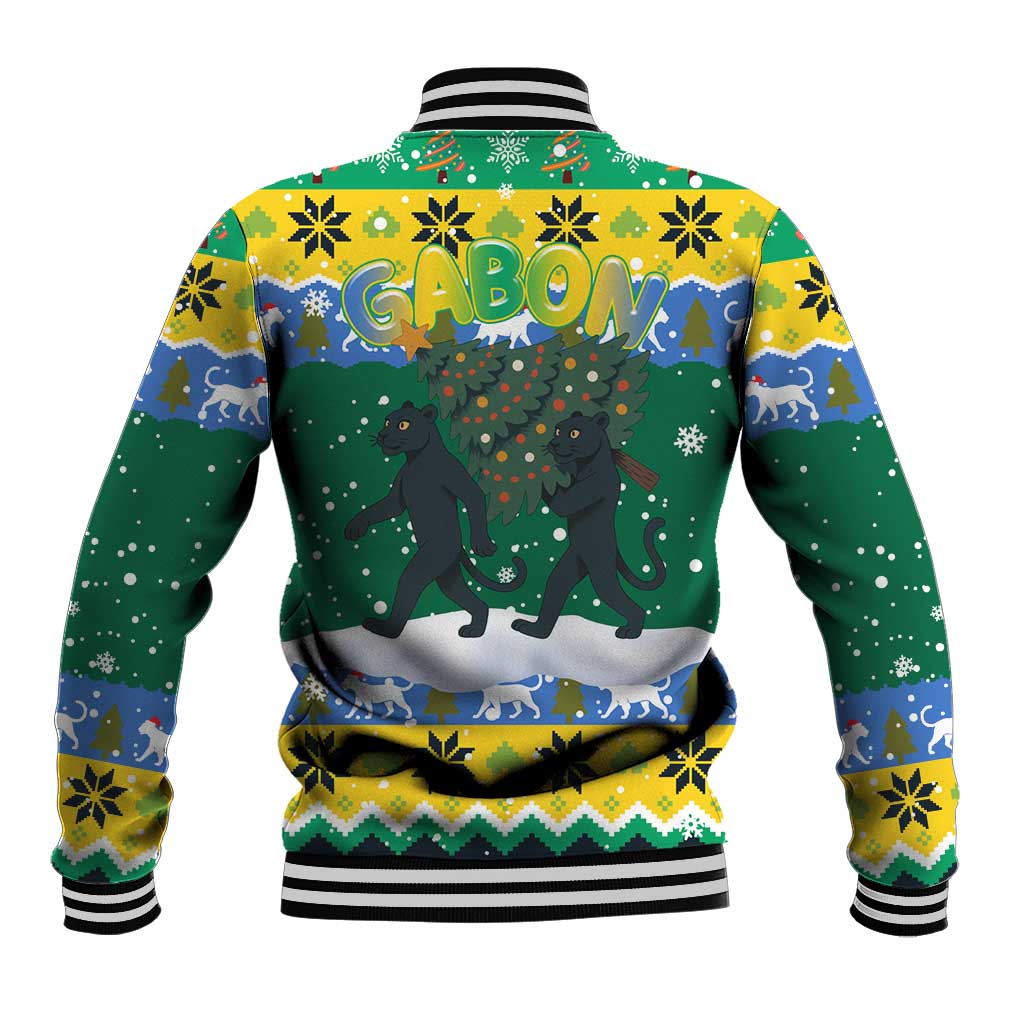Gabon Christmas Baseball Jacket with Black Panthers Carrying Tree and Green Yellow Snowflake Pattern - Wonder Print Shop