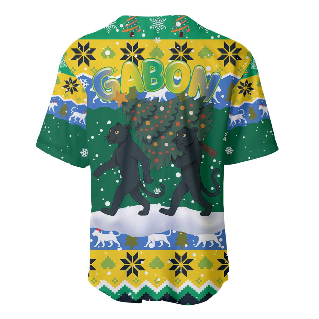 Gabon Christmas Baseball Jersey with Black Panthers Carrying Tree and Green Yellow Snowflake Pattern - Wonder Print Shop