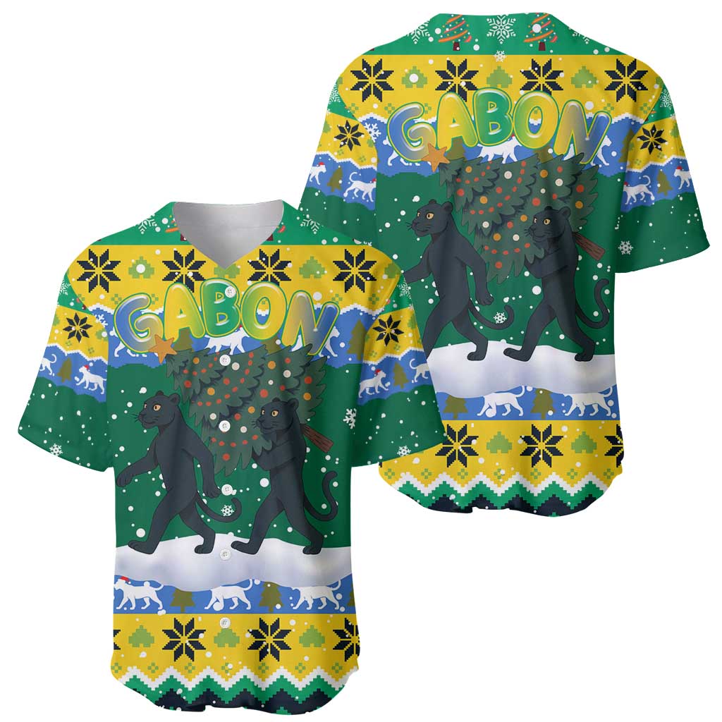 Gabon Christmas Baseball Jersey with Black Panthers Carrying Tree and Green Yellow Snowflake Pattern - Wonder Print Shop