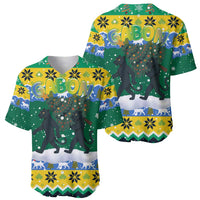 Gabon Christmas Baseball Jersey with Black Panthers Carrying Tree and Green Yellow Snowflake Pattern - Wonder Print Shop