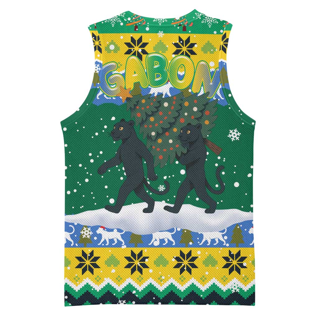 Gabon Christmas Basketball Jersey with Black Panthers Carrying Tree and Green Yellow Snowflake Pattern - Wonder Print Shop