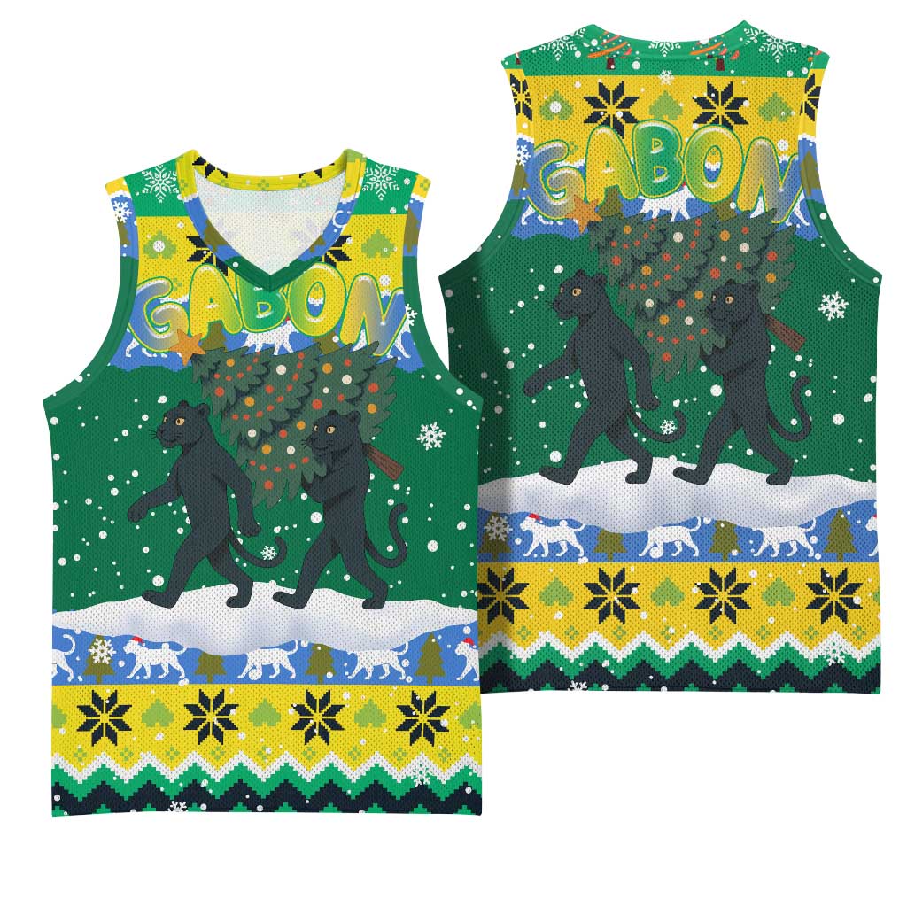 Gabon Christmas Basketball Jersey with Black Panthers Carrying Tree and Green Yellow Snowflake Pattern - Wonder Print Shop