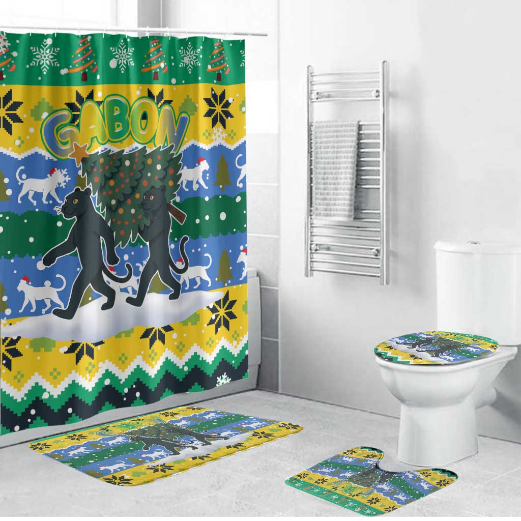 Gabon Christmas Bathroom Set with Black Panthers Carrying Tree and Green Yellow Snowflake Pattern - Wonder Print Shop