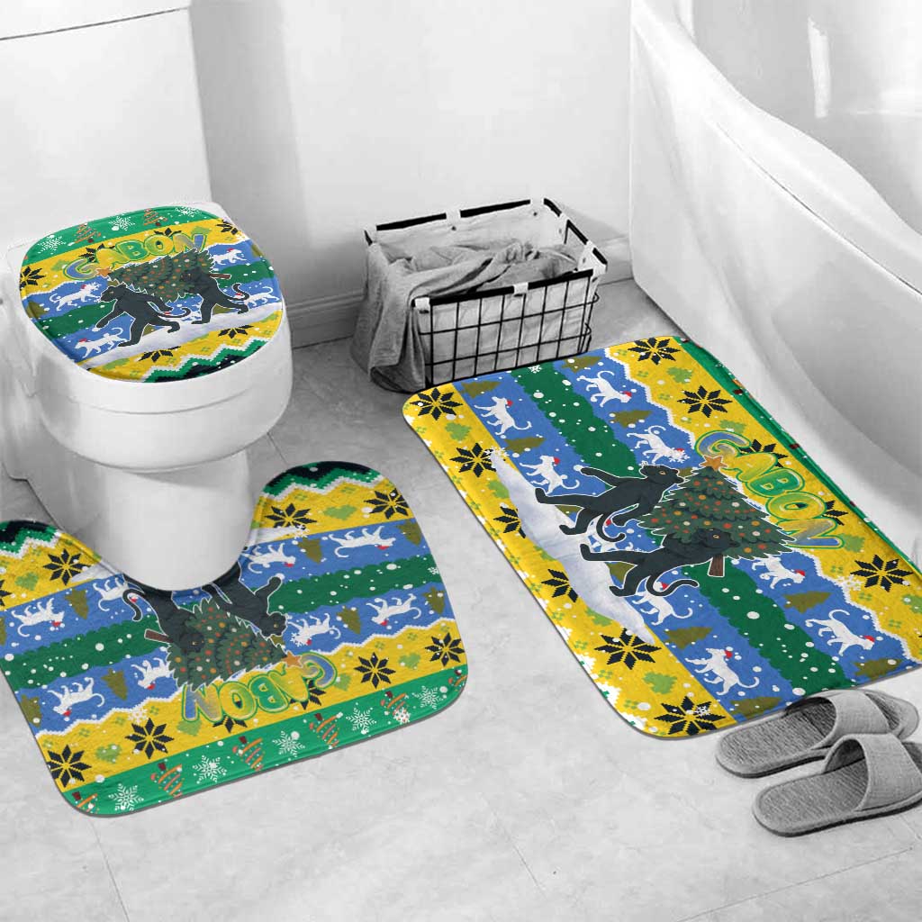 Gabon Christmas Bathroom Set with Black Panthers Carrying Tree and Green Yellow Snowflake Pattern - Wonder Print Shop