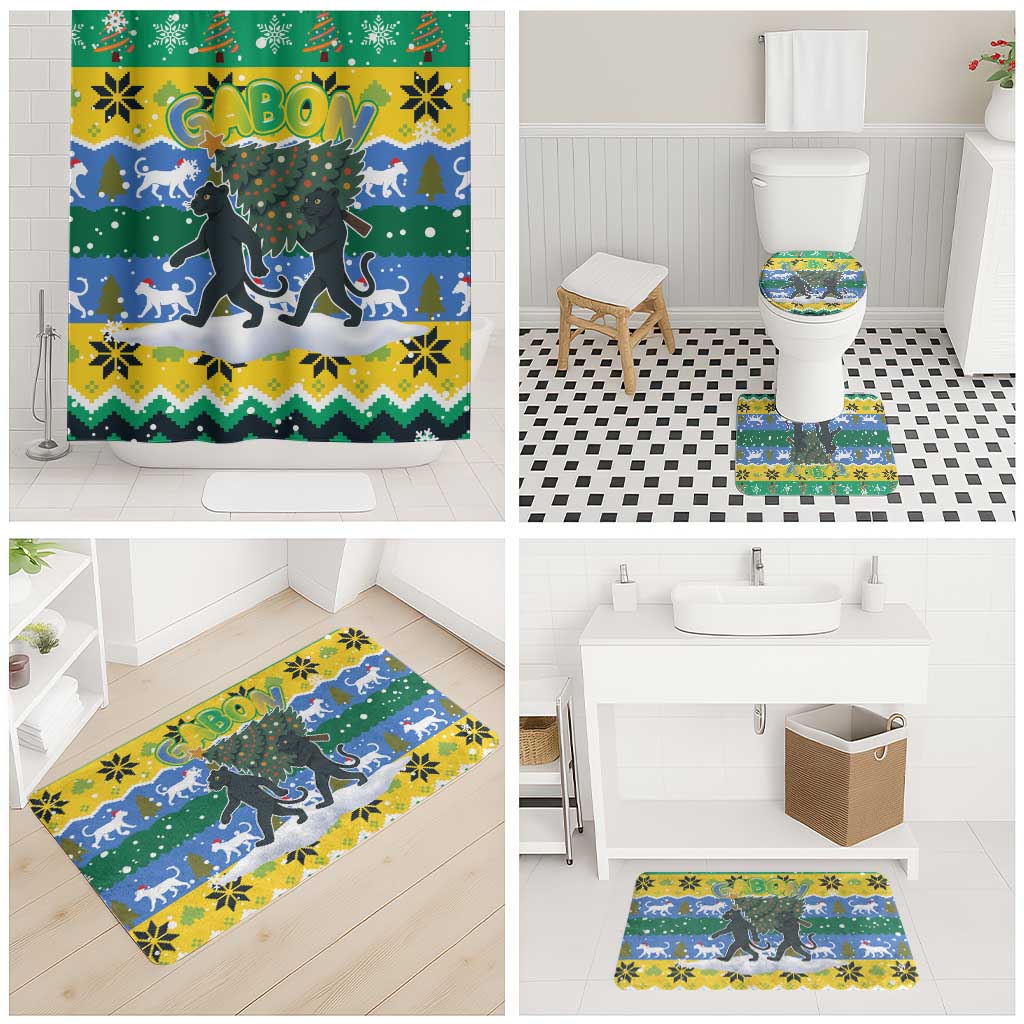 Gabon Christmas Bathroom Set with Black Panthers Carrying Tree and Green Yellow Snowflake Pattern - Wonder Print Shop