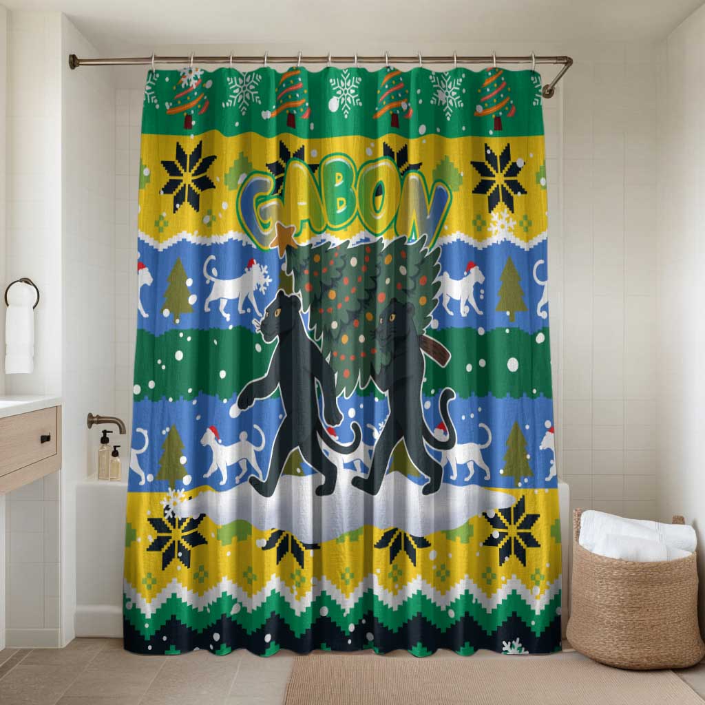 Gabon Christmas Bathroom Set with Black Panthers Carrying Tree and Green Yellow Snowflake Pattern - Wonder Print Shop