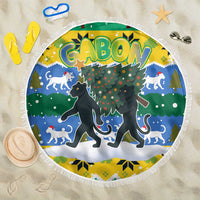 Gabon Christmas Beach Blanket with Black Panthers Carrying Tree and Green Yellow Snowflake Pattern - Wonder Print Shop