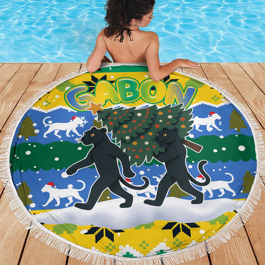 Gabon Christmas Beach Blanket with Black Panthers Carrying Tree and Green Yellow Snowflake Pattern - Wonder Print Shop
