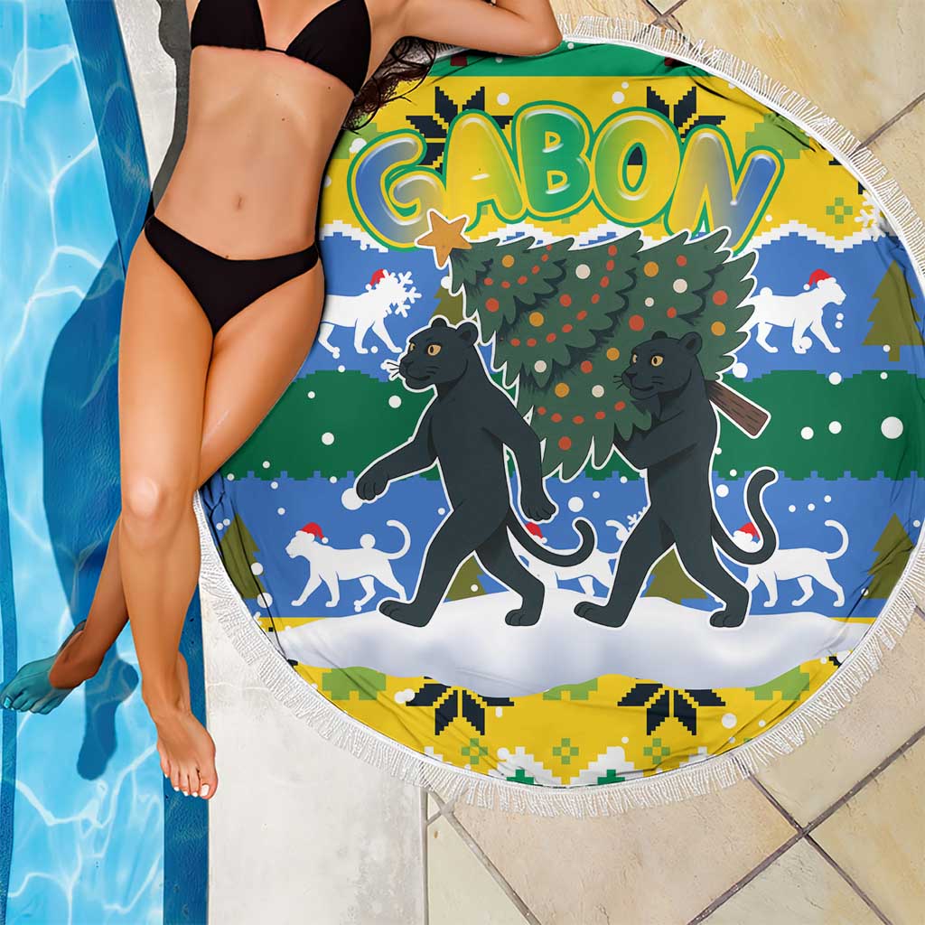 Gabon Christmas Beach Blanket with Black Panthers Carrying Tree and Green Yellow Snowflake Pattern - Wonder Print Shop