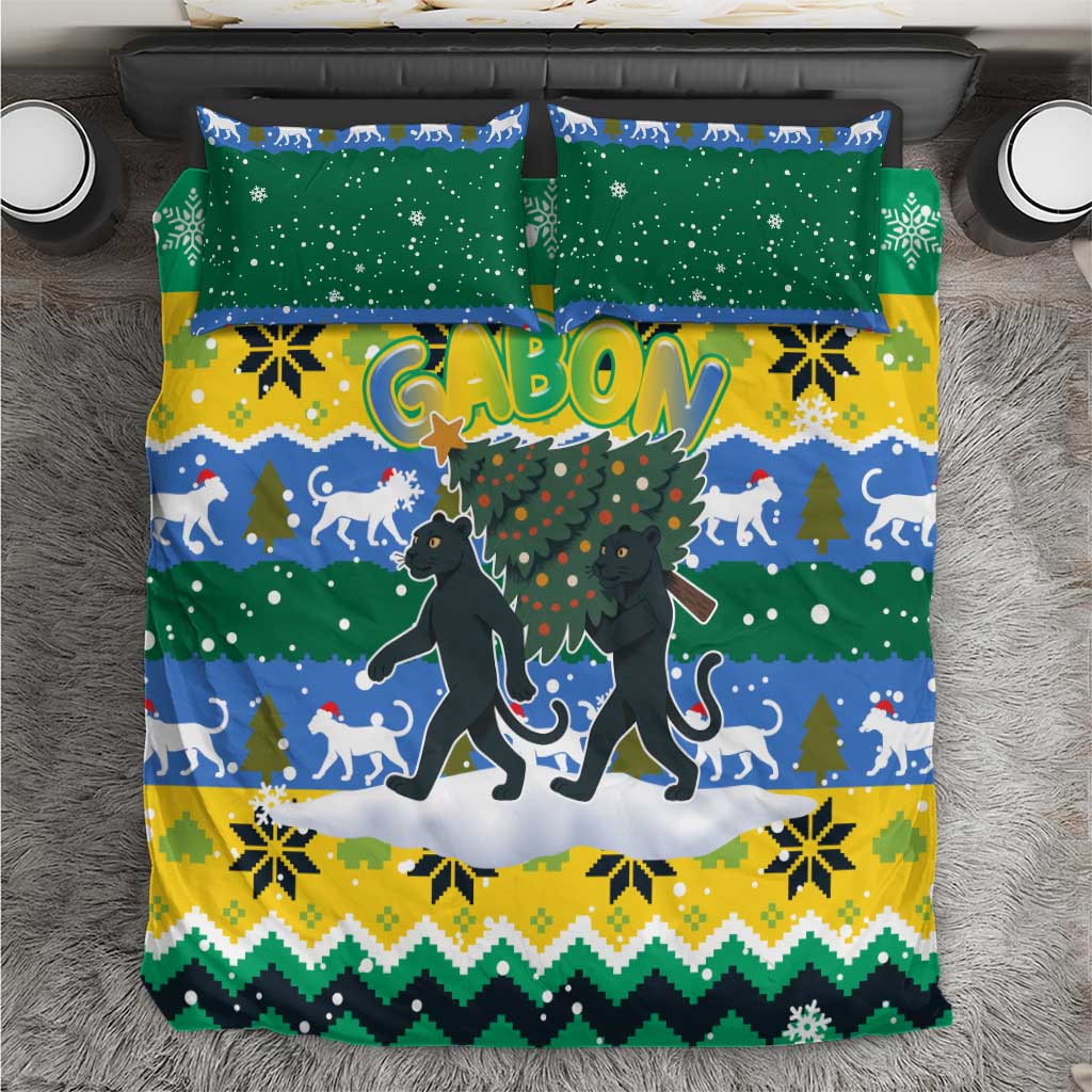 Gabon Christmas Bedding Set with Black Panthers Carrying Tree and Green Yellow Snowflake Pattern - Wonder Print Shop