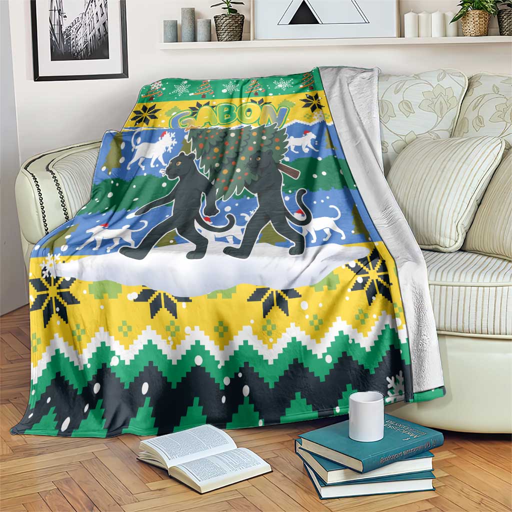Gabon Christmas Blanket with Black Panthers Carrying Tree and Green Yellow Snowflake Pattern - Wonder Print Shop
