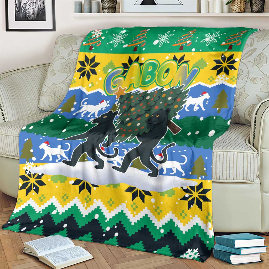 Gabon Christmas Blanket with Black Panthers Carrying Tree and Green Yellow Snowflake Pattern - Wonder Print Shop
