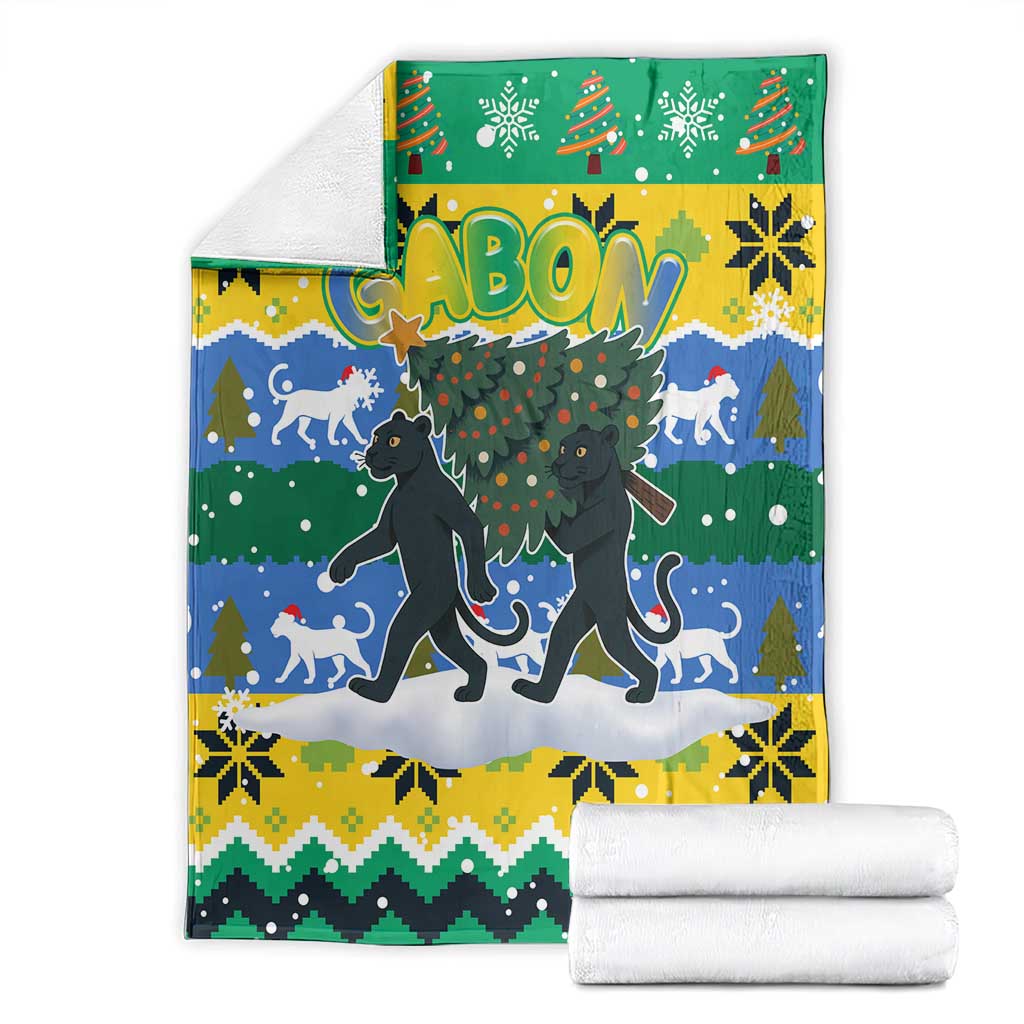Gabon Christmas Blanket with Black Panthers Carrying Tree and Green Yellow Snowflake Pattern - Wonder Print Shop