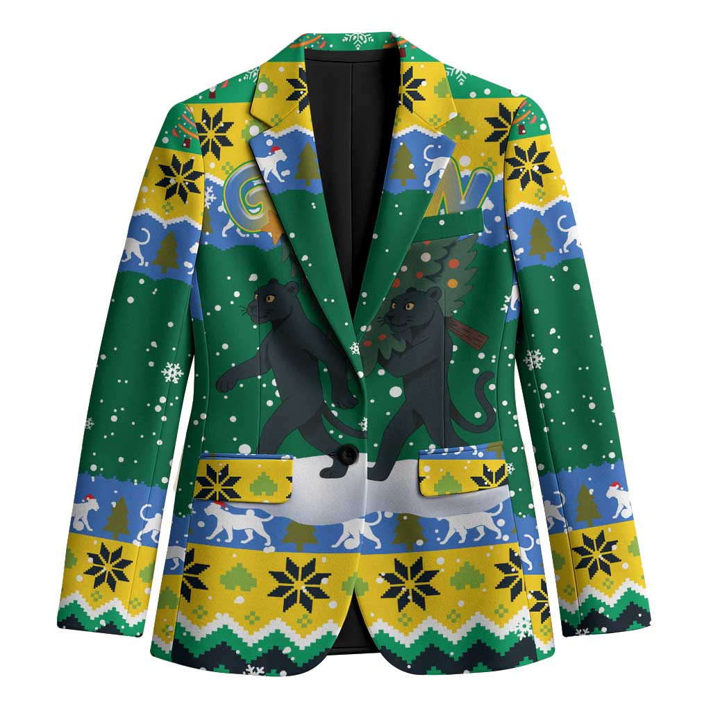 Gabon Christmas Blazer with Black Panthers Carrying Tree and Green Yellow Snowflake Pattern - Wonder Print Shop