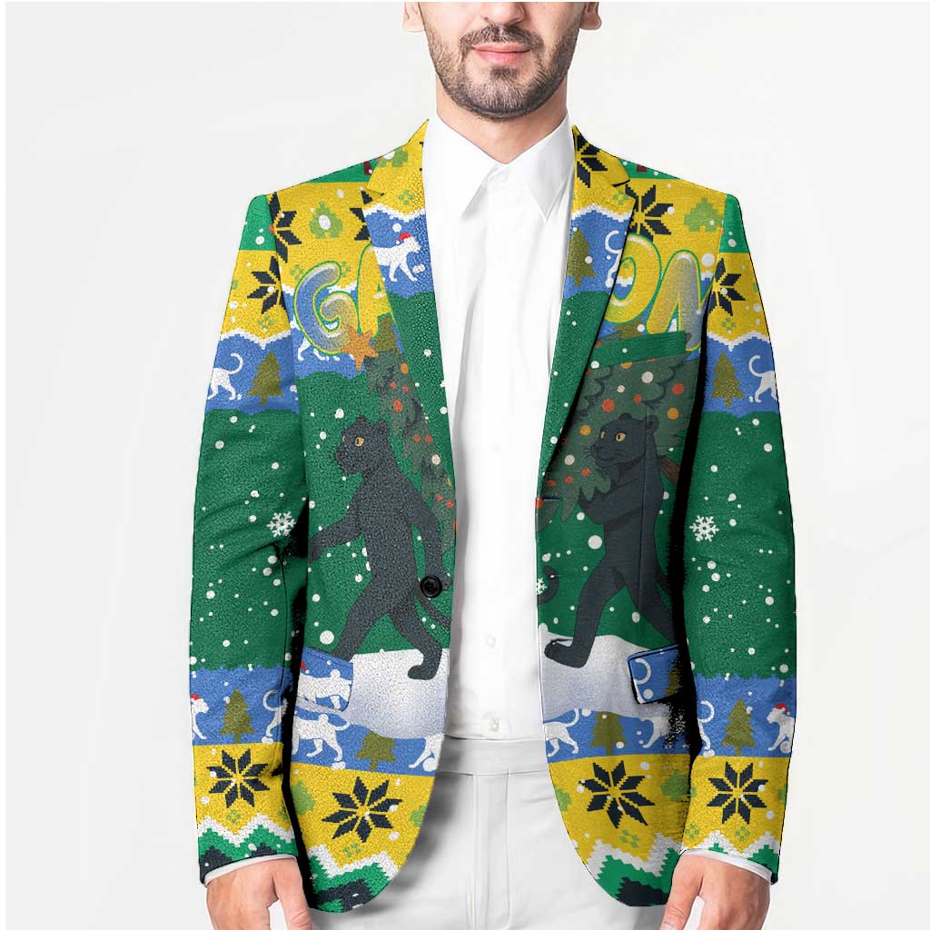Gabon Christmas Blazer with Black Panthers Carrying Tree and Green Yellow Snowflake Pattern - Wonder Print Shop