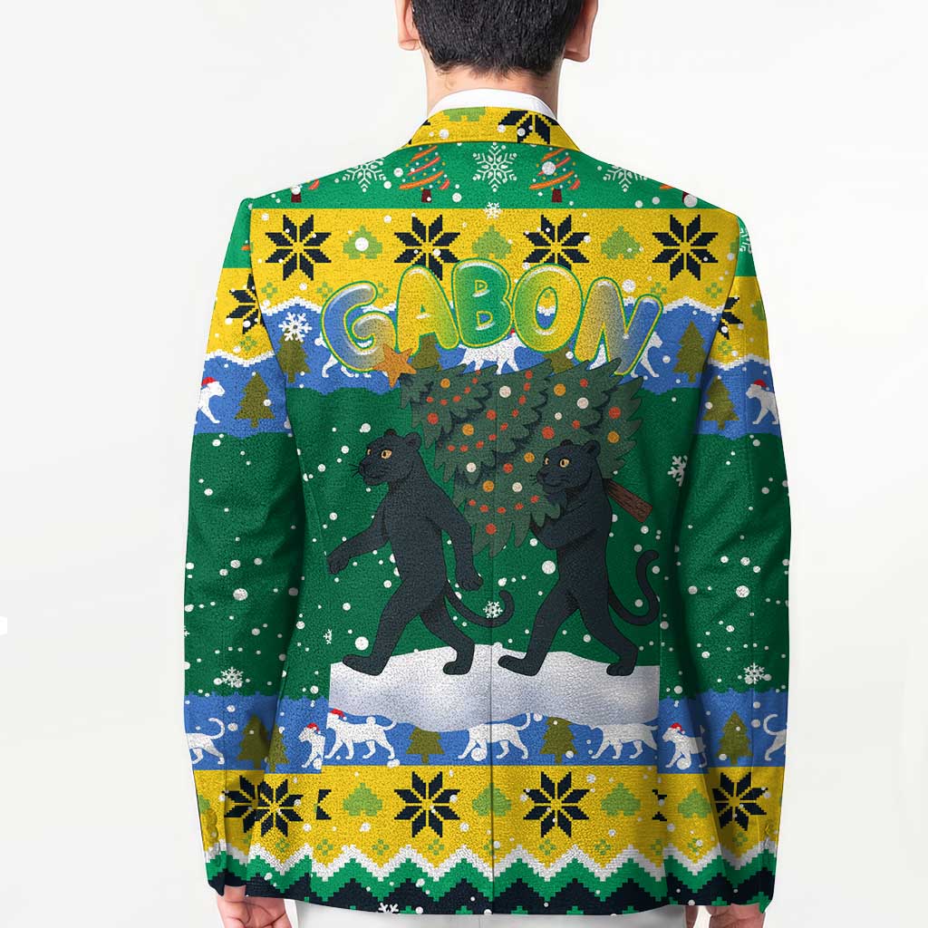 Gabon Christmas Blazer with Black Panthers Carrying Tree and Green Yellow Snowflake Pattern - Wonder Print Shop