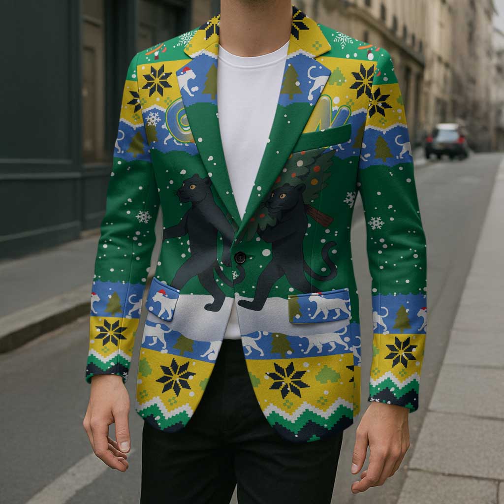 Gabon Christmas Blazer with Black Panthers Carrying Tree and Green Yellow Snowflake Pattern - Wonder Print Shop