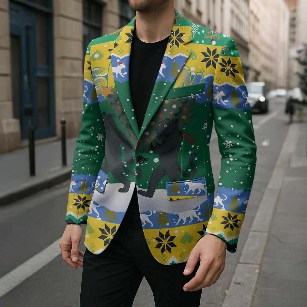 Gabon Christmas Blazer with Black Panthers Carrying Tree and Green Yellow Snowflake Pattern - Wonder Print Shop