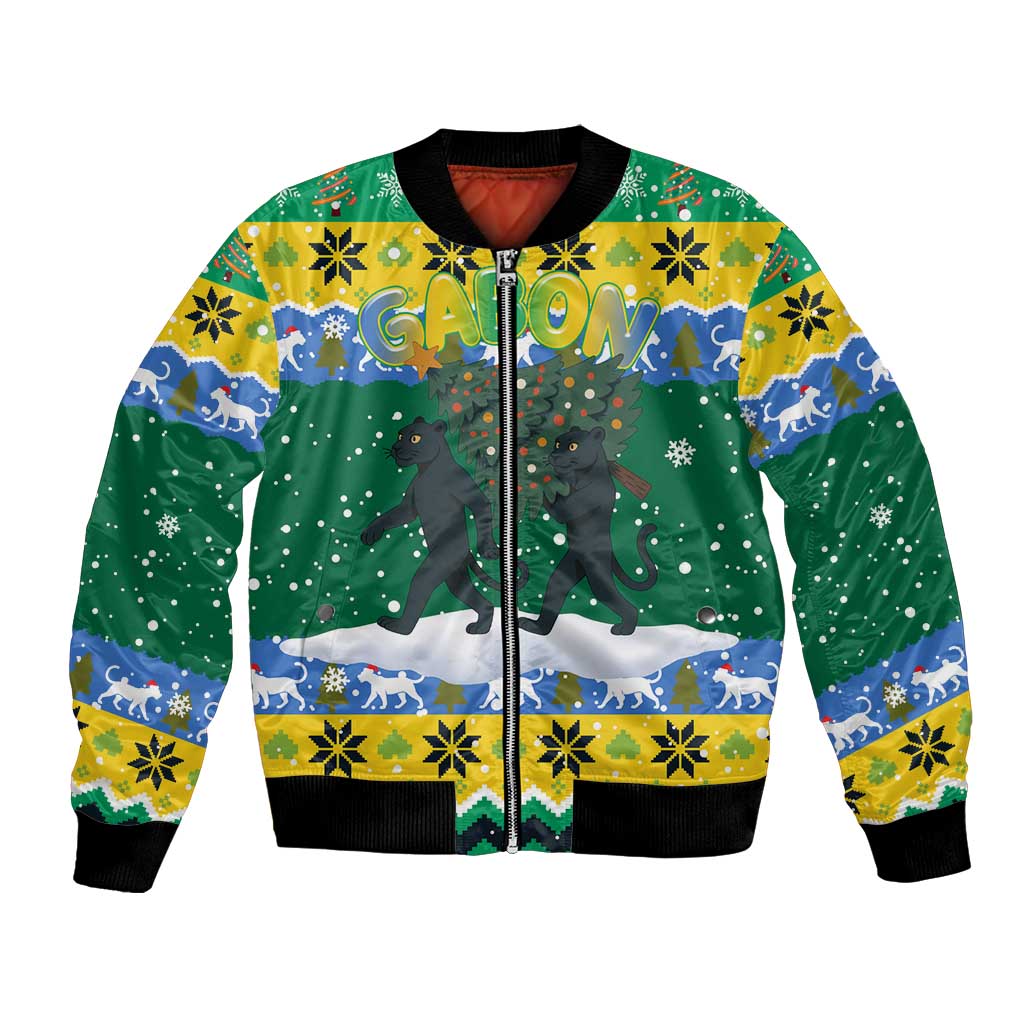 Gabon Christmas Bomber Jacket with Black Panthers Carrying Tree and Green Yellow Snowflake Pattern - Wonder Print Shop