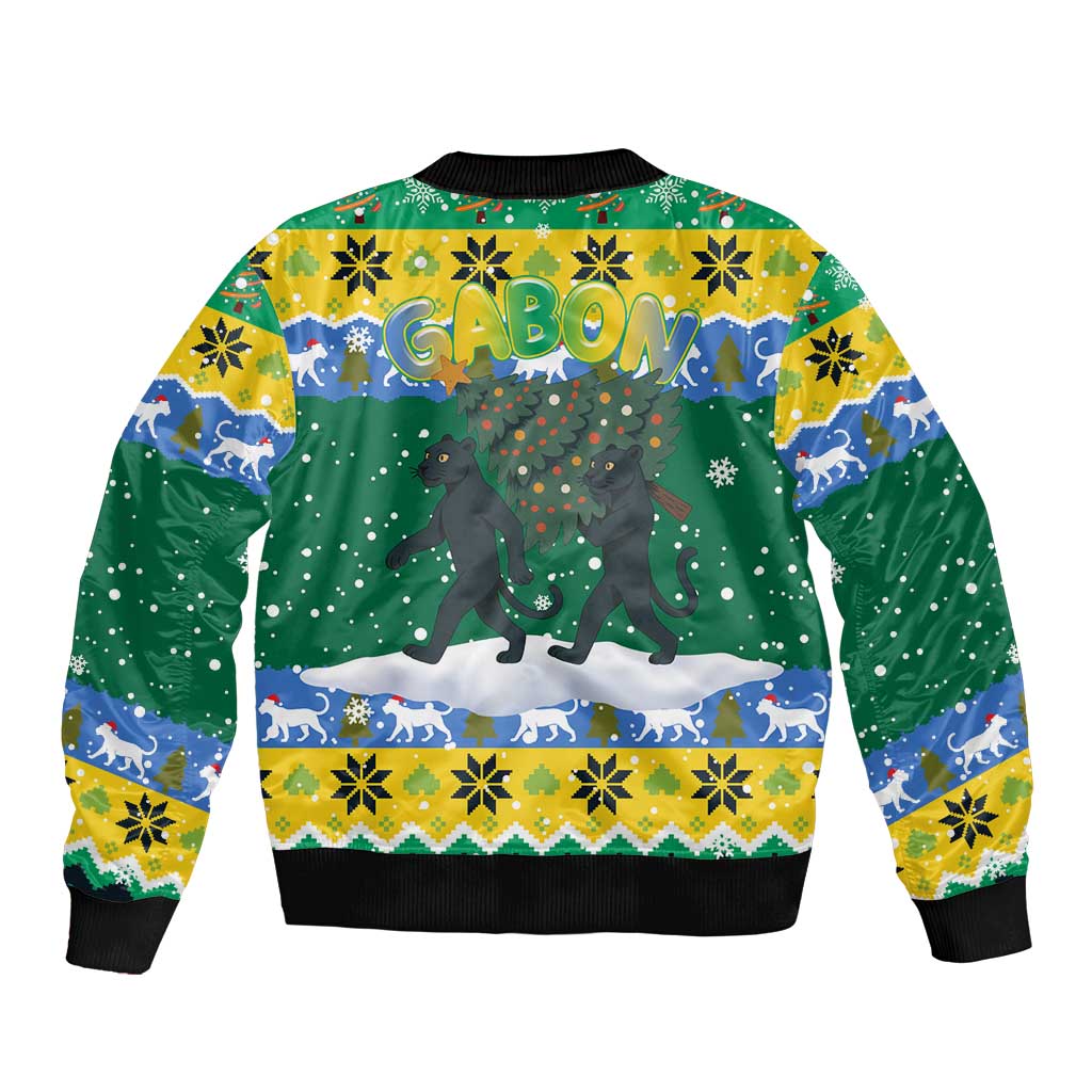 Gabon Christmas Bomber Jacket with Black Panthers Carrying Tree and Green Yellow Snowflake Pattern - Wonder Print Shop