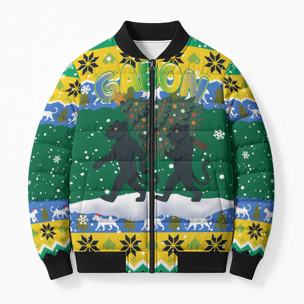 Gabon Christmas Bomber Puffer Jacket with Black Panthers Carrying Tree and Green Yellow Snowflake Pattern - Wonder Print Shop