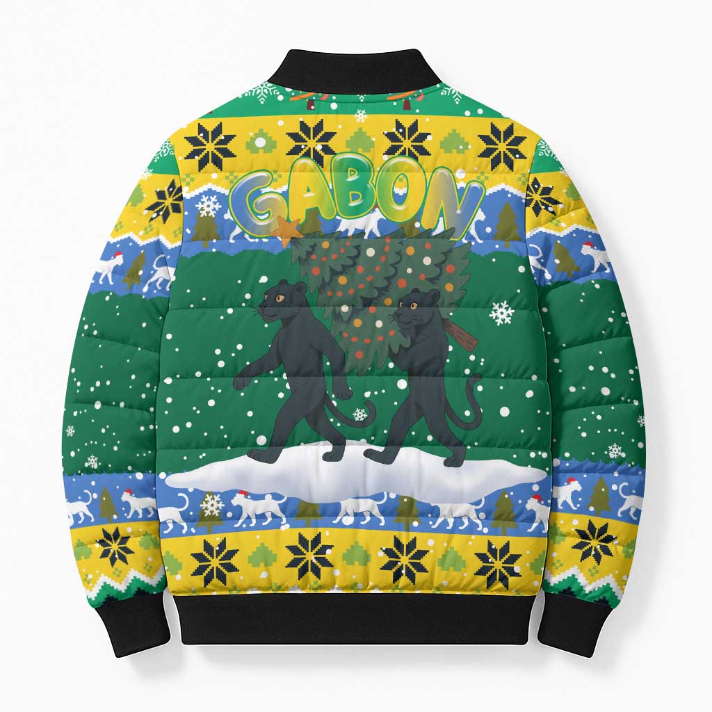 Gabon Christmas Bomber Puffer Jacket with Black Panthers Carrying Tree and Green Yellow Snowflake Pattern - Wonder Print Shop