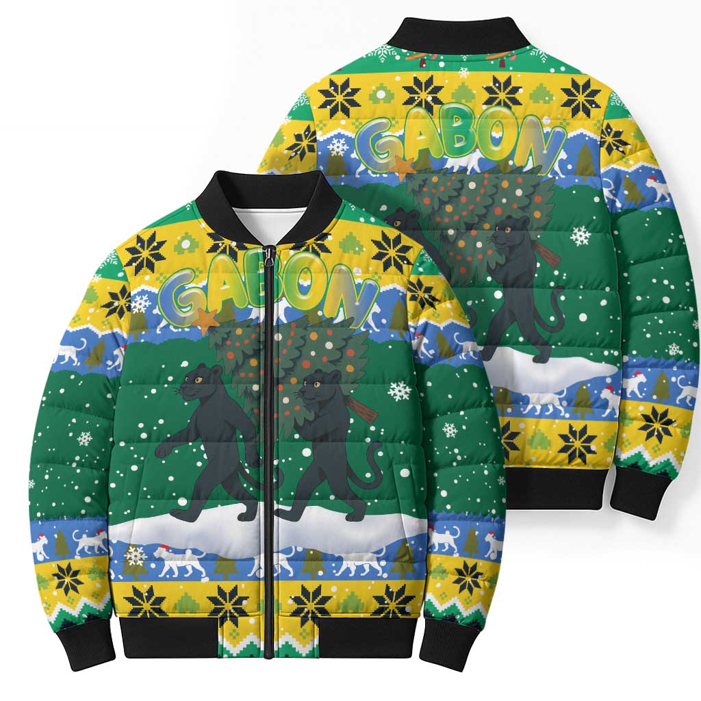 Gabon Christmas Bomber Puffer Jacket with Black Panthers Carrying Tree and Green Yellow Snowflake Pattern - Wonder Print Shop