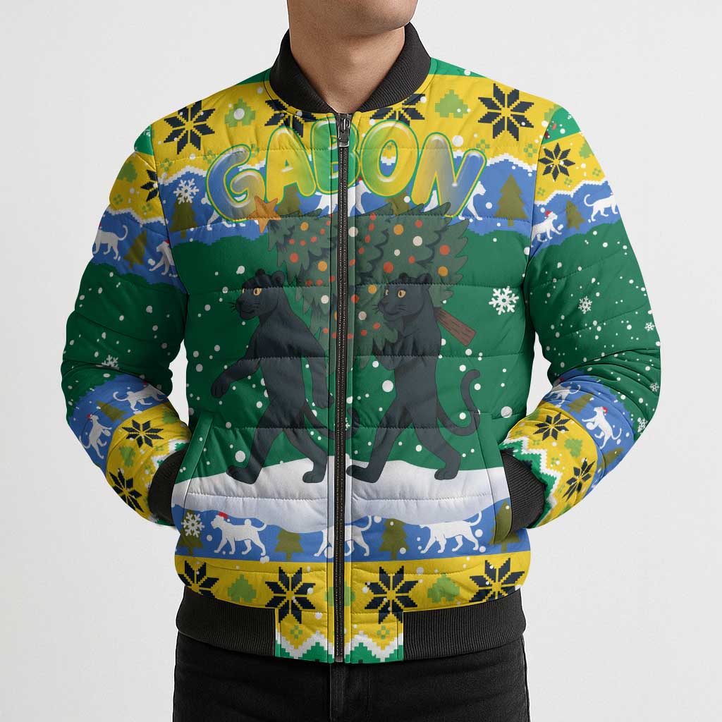 Gabon Christmas Bomber Puffer Jacket with Black Panthers Carrying Tree and Green Yellow Snowflake Pattern - Wonder Print Shop