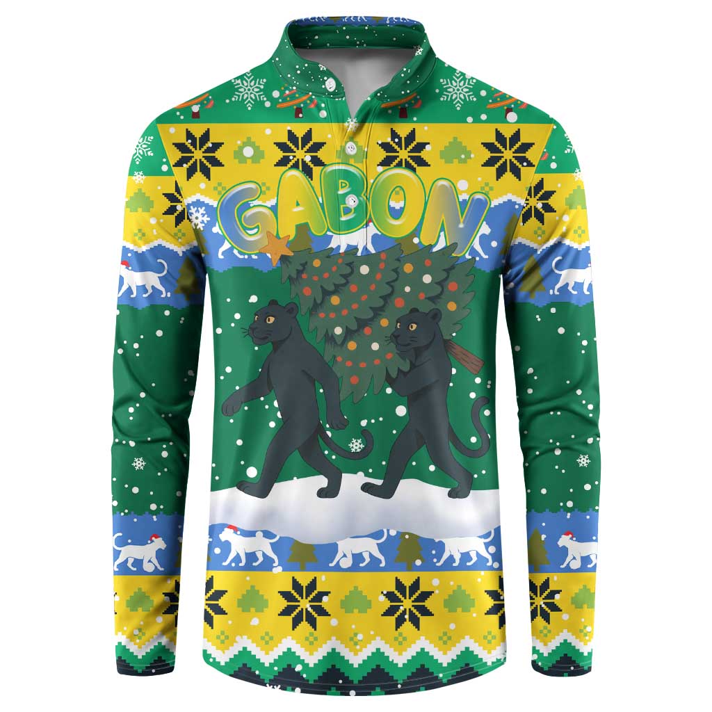 Gabon Christmas Button Sweatshirt with Black Panthers Carrying Tree and Green Yellow Snowflake Pattern - Wonder Print Shop