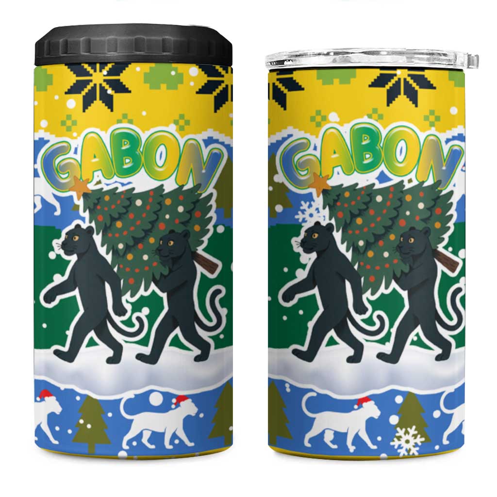 Gabon Christmas 4 in 1 Can Cooler Tumbler with Black Panthers Carrying Tree and Green Yellow Snowflake Pattern - Wonder Print Shop