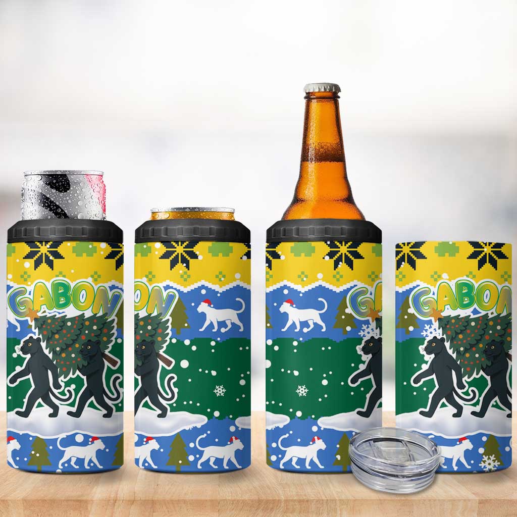 Gabon Christmas 4 in 1 Can Cooler Tumbler with Black Panthers Carrying Tree and Green Yellow Snowflake Pattern - Wonder Print Shop