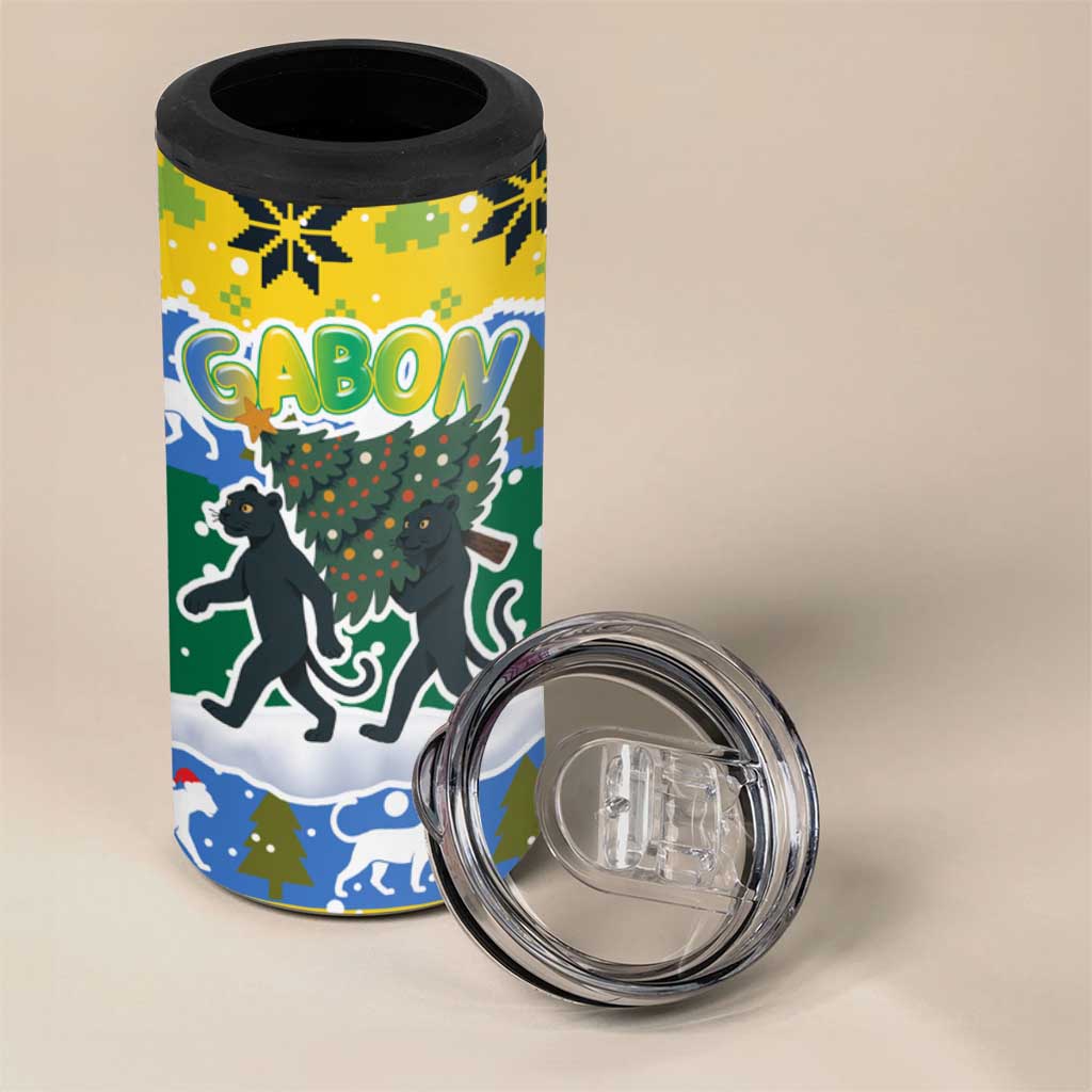 Gabon Christmas 4 in 1 Can Cooler Tumbler with Black Panthers Carrying Tree and Green Yellow Snowflake Pattern - Wonder Print Shop