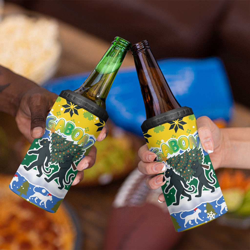 Gabon Christmas 4 in 1 Can Cooler Tumbler with Black Panthers Carrying Tree and Green Yellow Snowflake Pattern - Wonder Print Shop