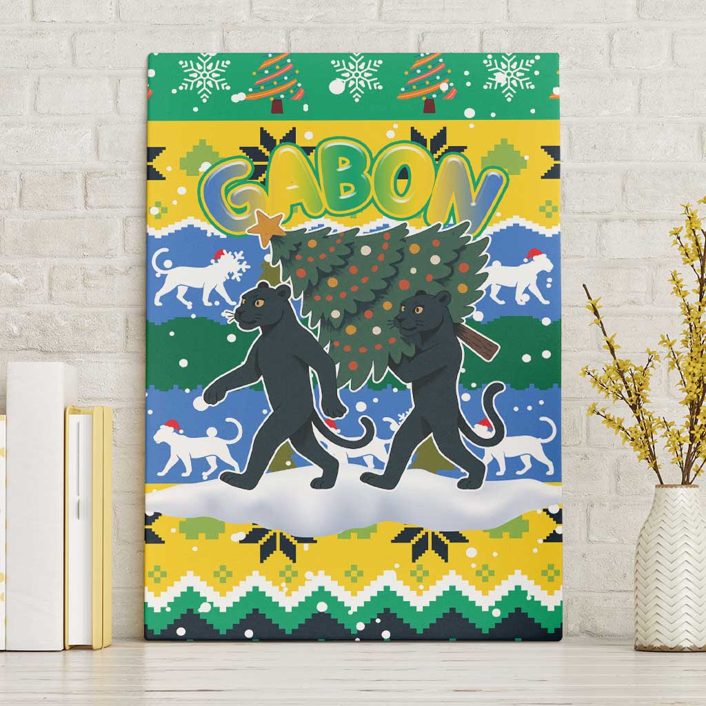 Gabon Christmas Canvas Wall Art with Black Panthers Carrying Tree and Green Yellow Snowflake Pattern - Wonder Print Shop