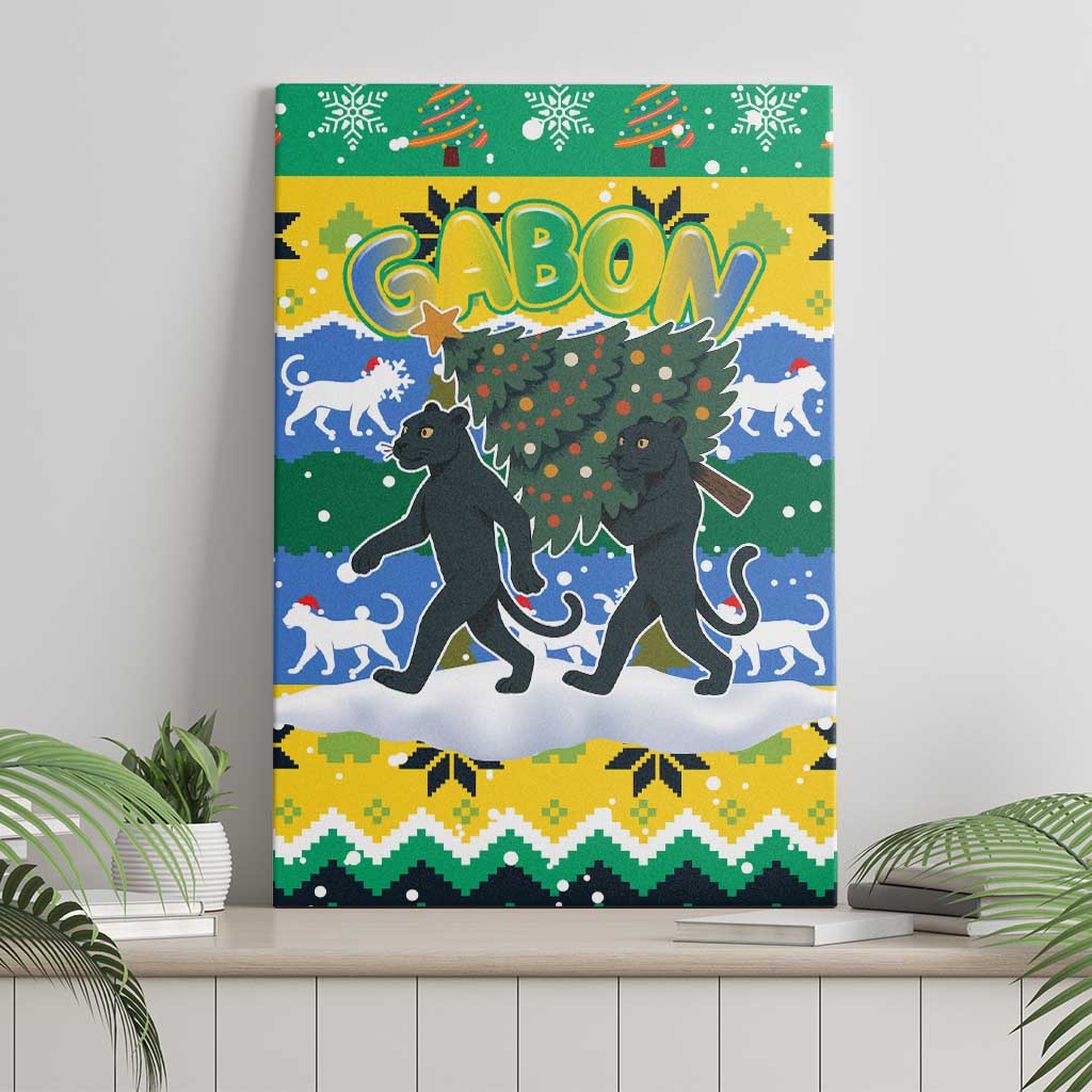 Gabon Christmas Canvas Wall Art with Black Panthers Carrying Tree and Green Yellow Snowflake Pattern - Wonder Print Shop