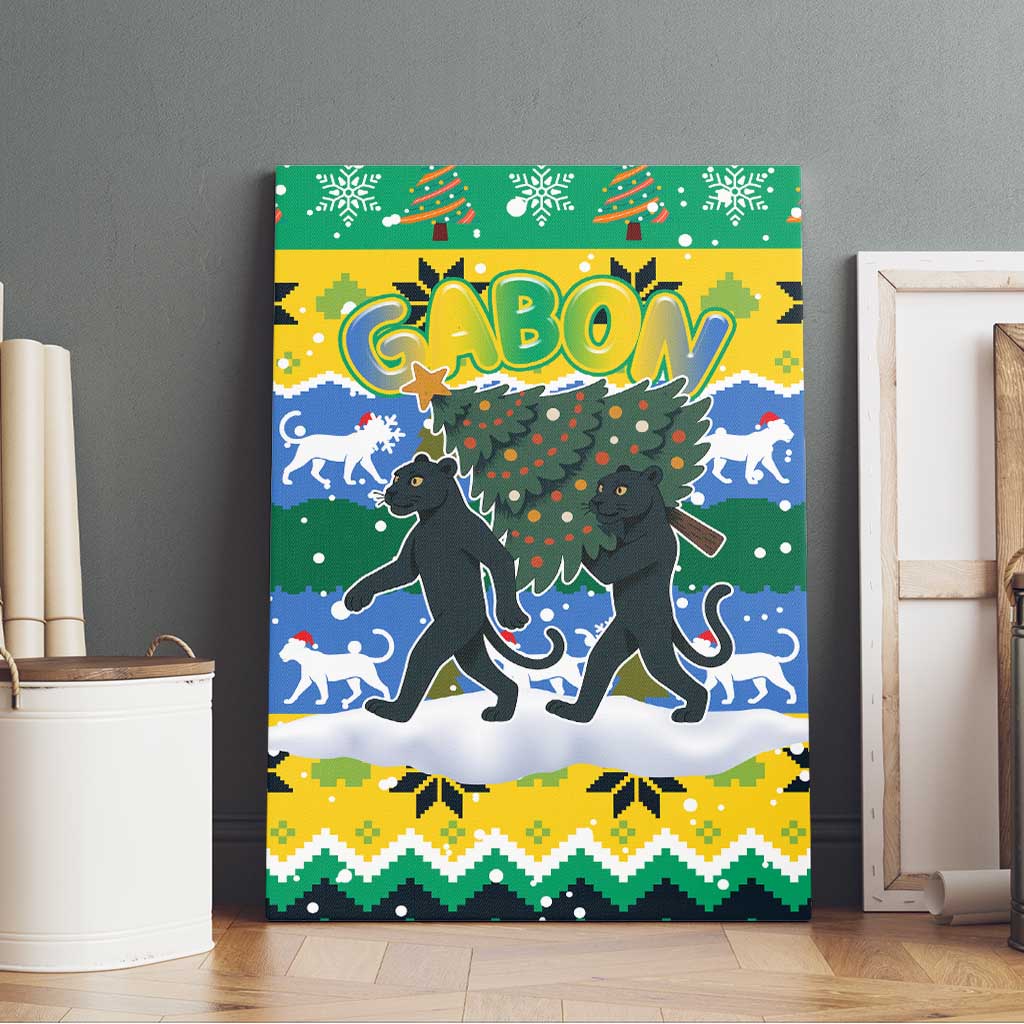 Gabon Christmas Canvas Wall Art with Black Panthers Carrying Tree and Green Yellow Snowflake Pattern - Wonder Print Shop