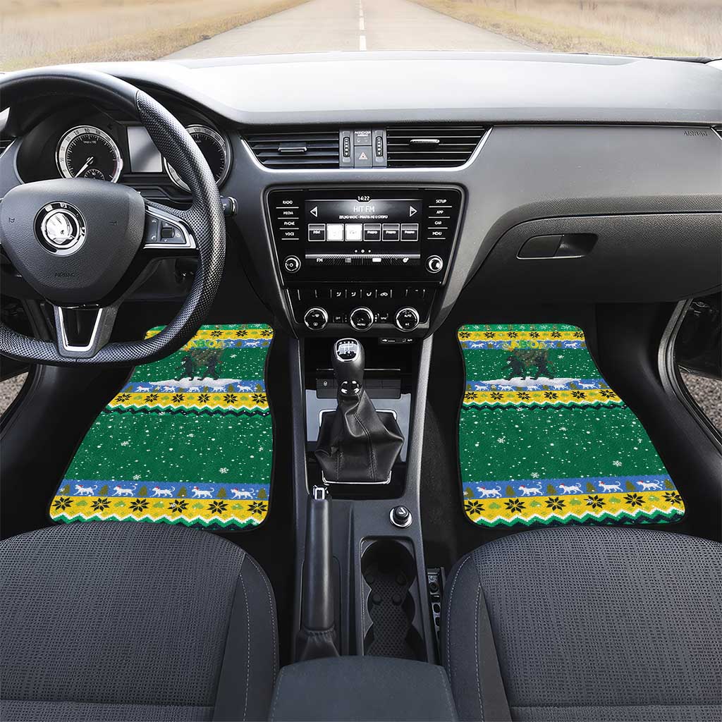 Gabon Christmas Car Mats with Black Panthers Carrying Tree and Green Yellow Snowflake Pattern - Wonder Print Shop