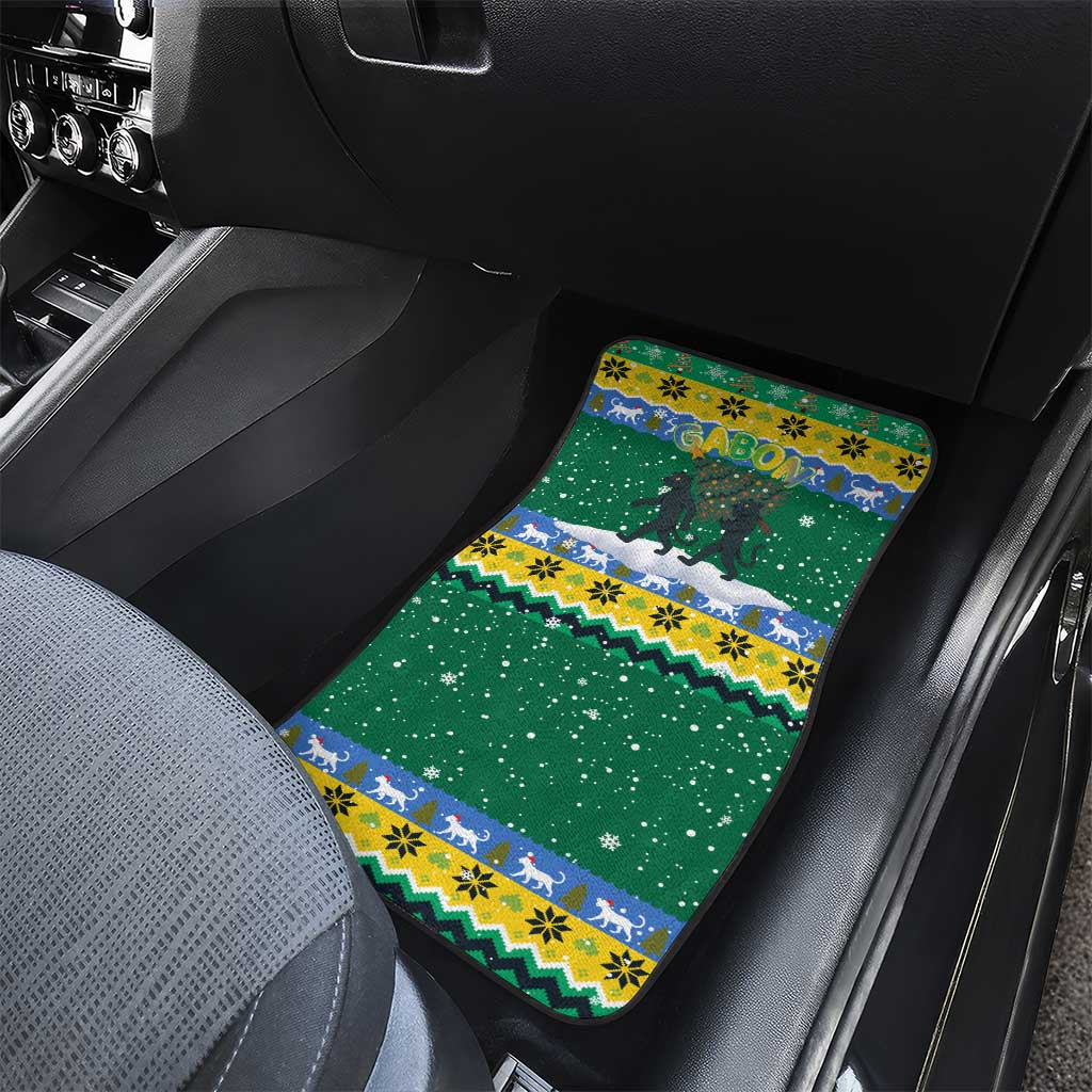 Gabon Christmas Car Mats with Black Panthers Carrying Tree and Green Yellow Snowflake Pattern - Wonder Print Shop