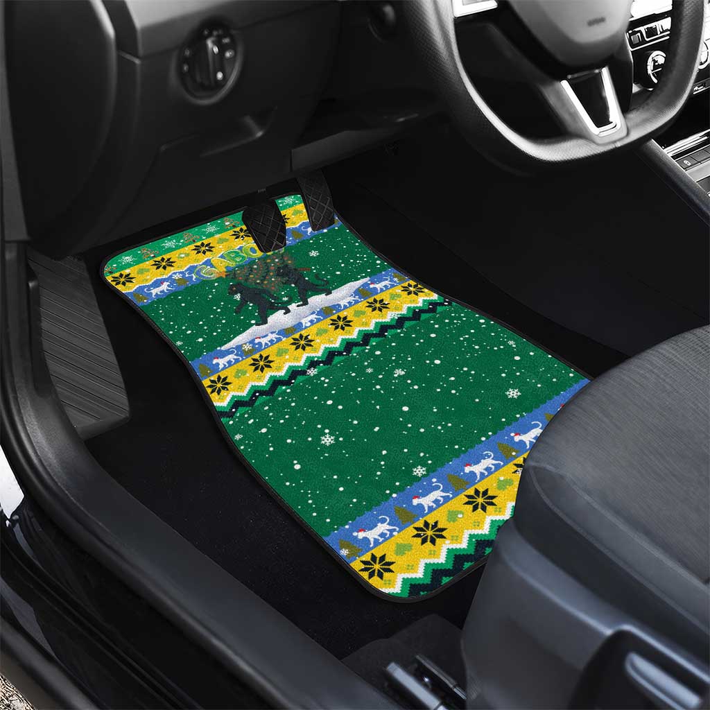 Gabon Christmas Car Mats with Black Panthers Carrying Tree and Green Yellow Snowflake Pattern - Wonder Print Shop