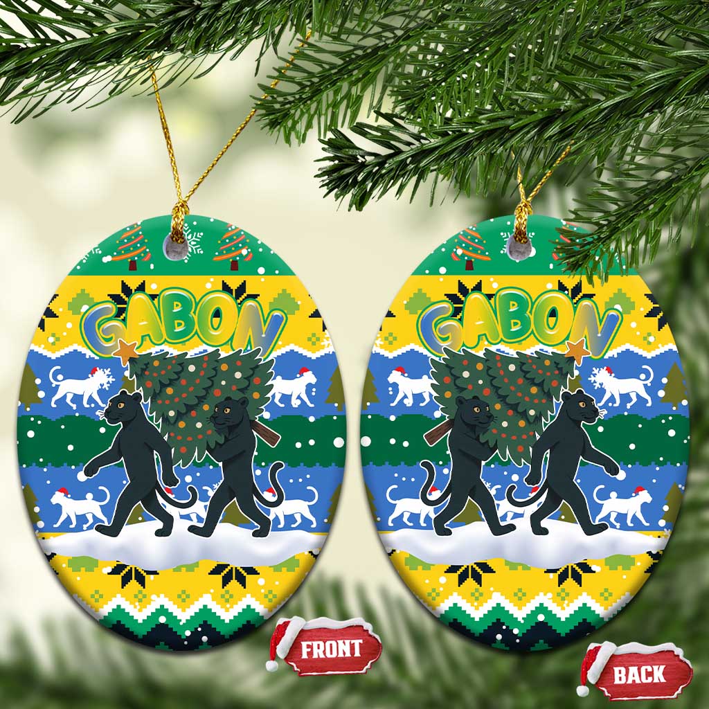 Gabon Christmas Ceramic Ornament with Black Panthers Carrying Tree and Green Yellow Snowflake Pattern - Wonder Print Shop