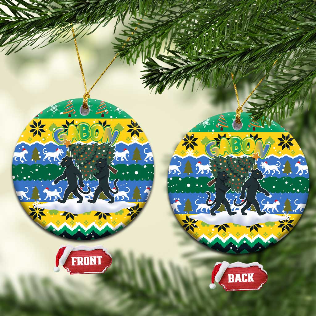 Gabon Christmas Ceramic Ornament with Black Panthers Carrying Tree and Green Yellow Snowflake Pattern - Wonder Print Shop