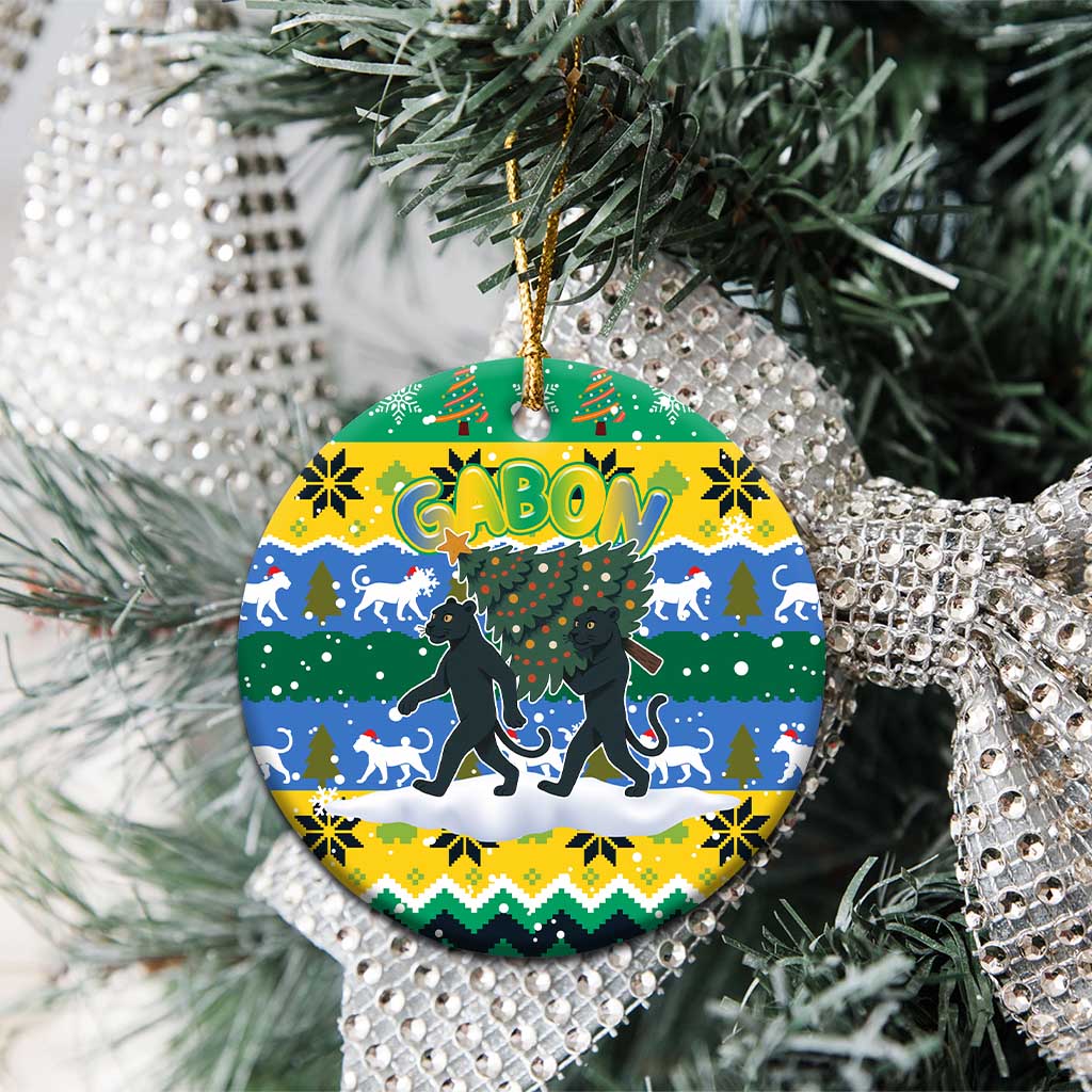 Gabon Christmas Ceramic Ornament with Black Panthers Carrying Tree and Green Yellow Snowflake Pattern - Wonder Print Shop