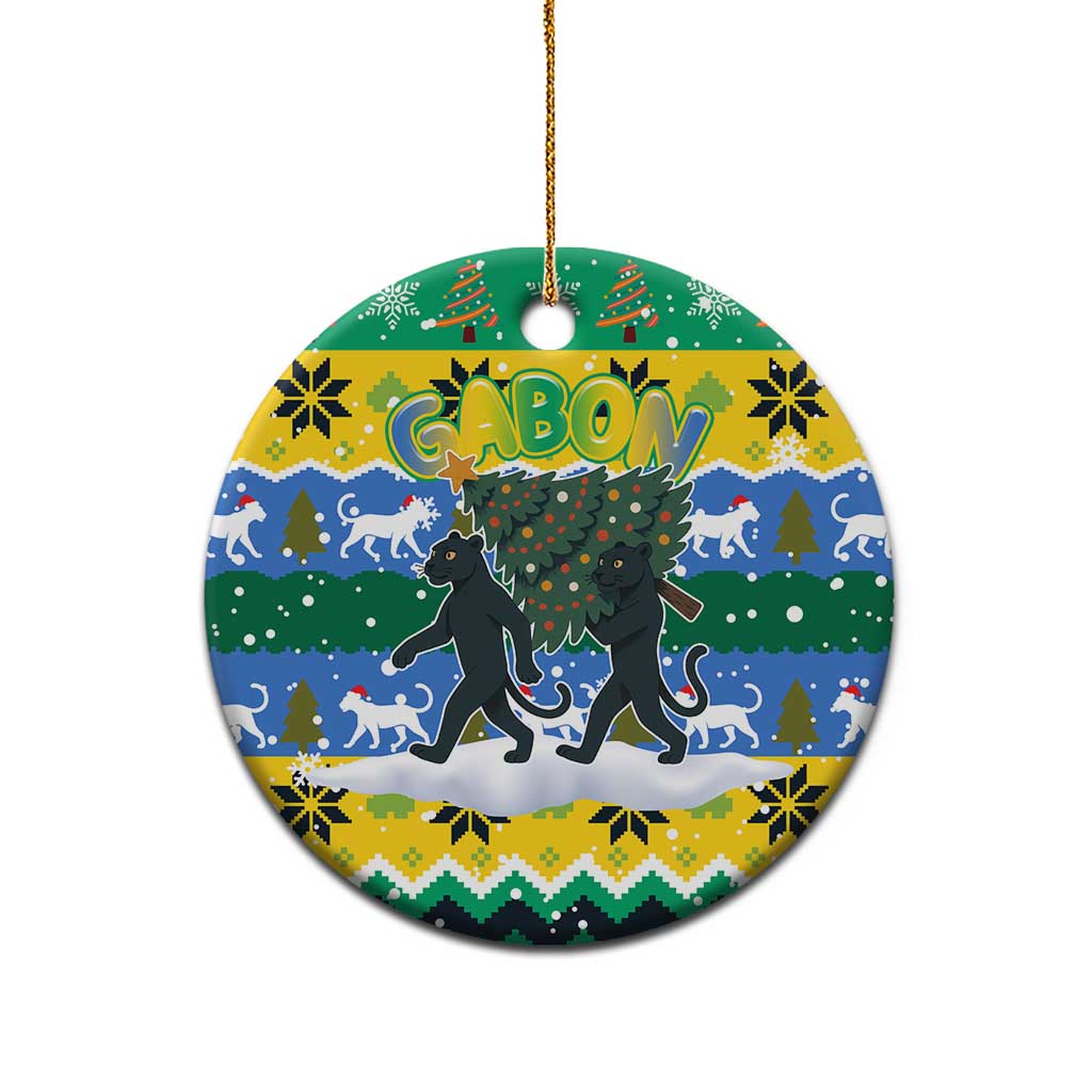 Gabon Christmas Ceramic Ornament with Black Panthers Carrying Tree and Green Yellow Snowflake Pattern - Wonder Print Shop