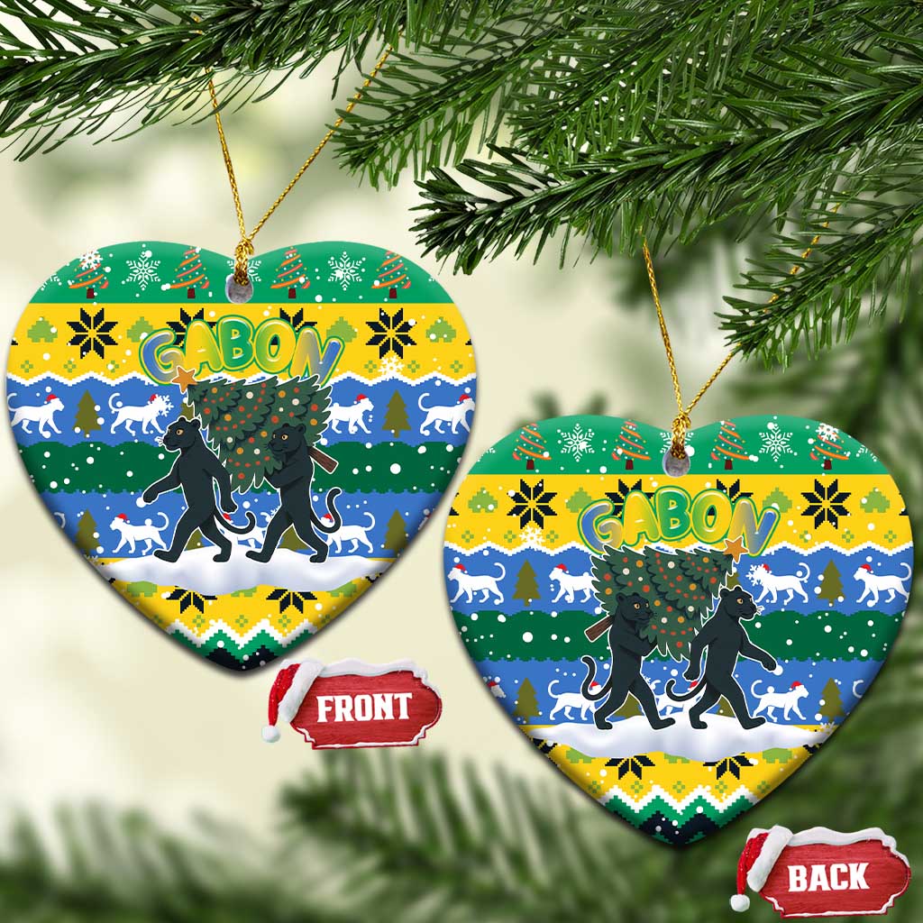 Gabon Christmas Ceramic Ornament with Black Panthers Carrying Tree and Green Yellow Snowflake Pattern - Wonder Print Shop