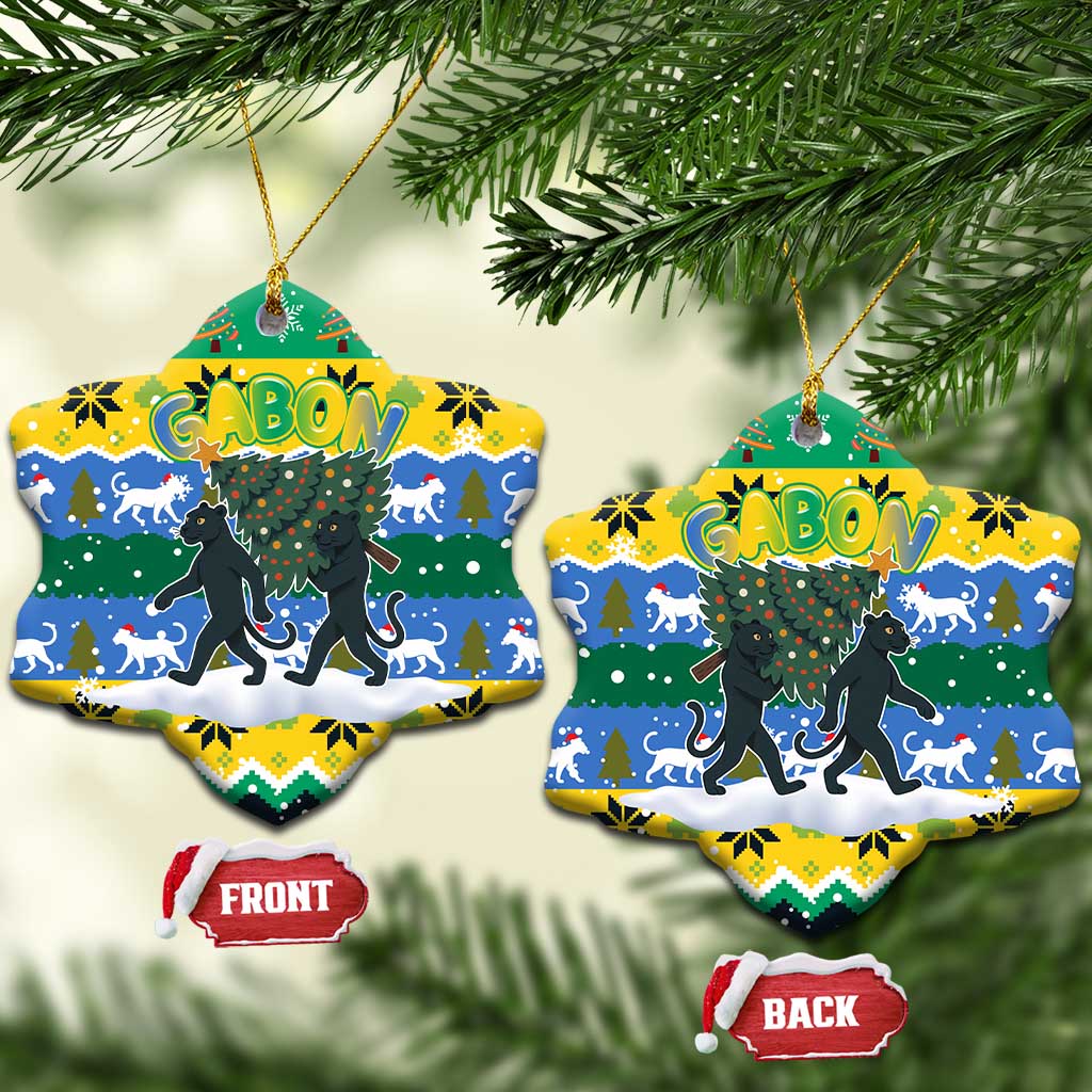 Gabon Christmas Ceramic Ornament with Black Panthers Carrying Tree and Green Yellow Snowflake Pattern - Wonder Print Shop