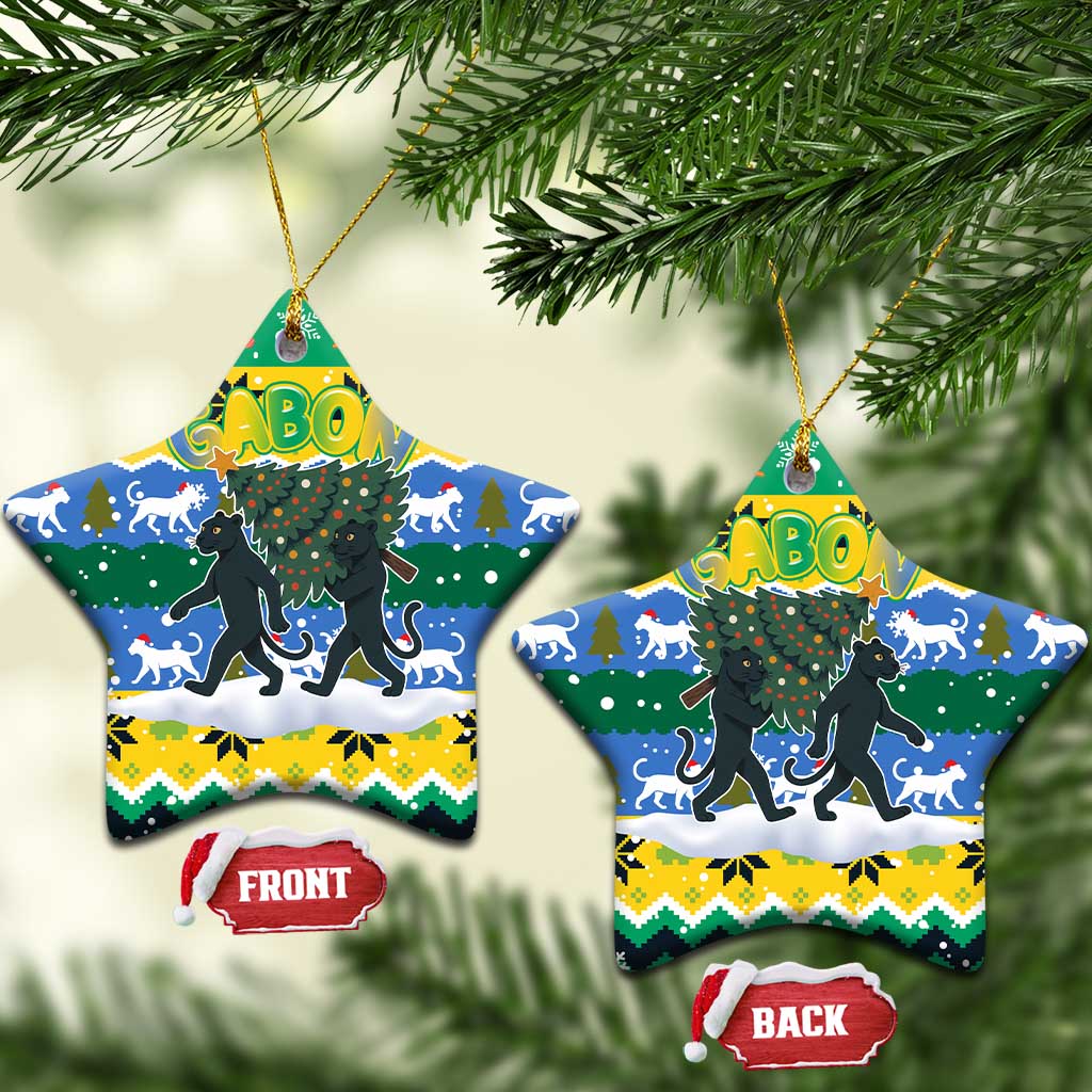 Gabon Christmas Ceramic Ornament with Black Panthers Carrying Tree and Green Yellow Snowflake Pattern - Wonder Print Shop