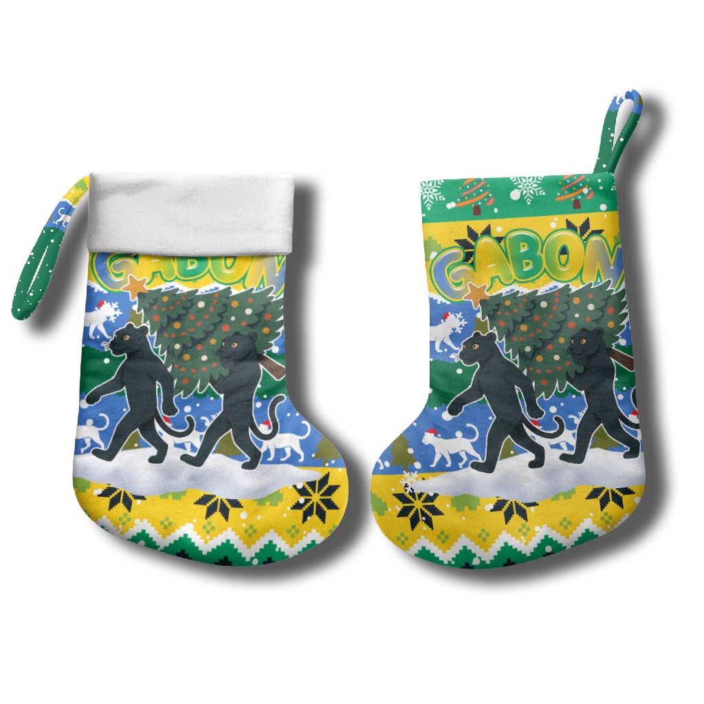 Gabon Christmas Stocking with Black Panthers Carrying Tree and Green Yellow Snowflake Pattern - Wonder Print Shop