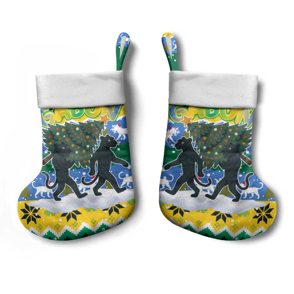Gabon Christmas Stocking with Black Panthers Carrying Tree and Green Yellow Snowflake Pattern - Wonder Print Shop