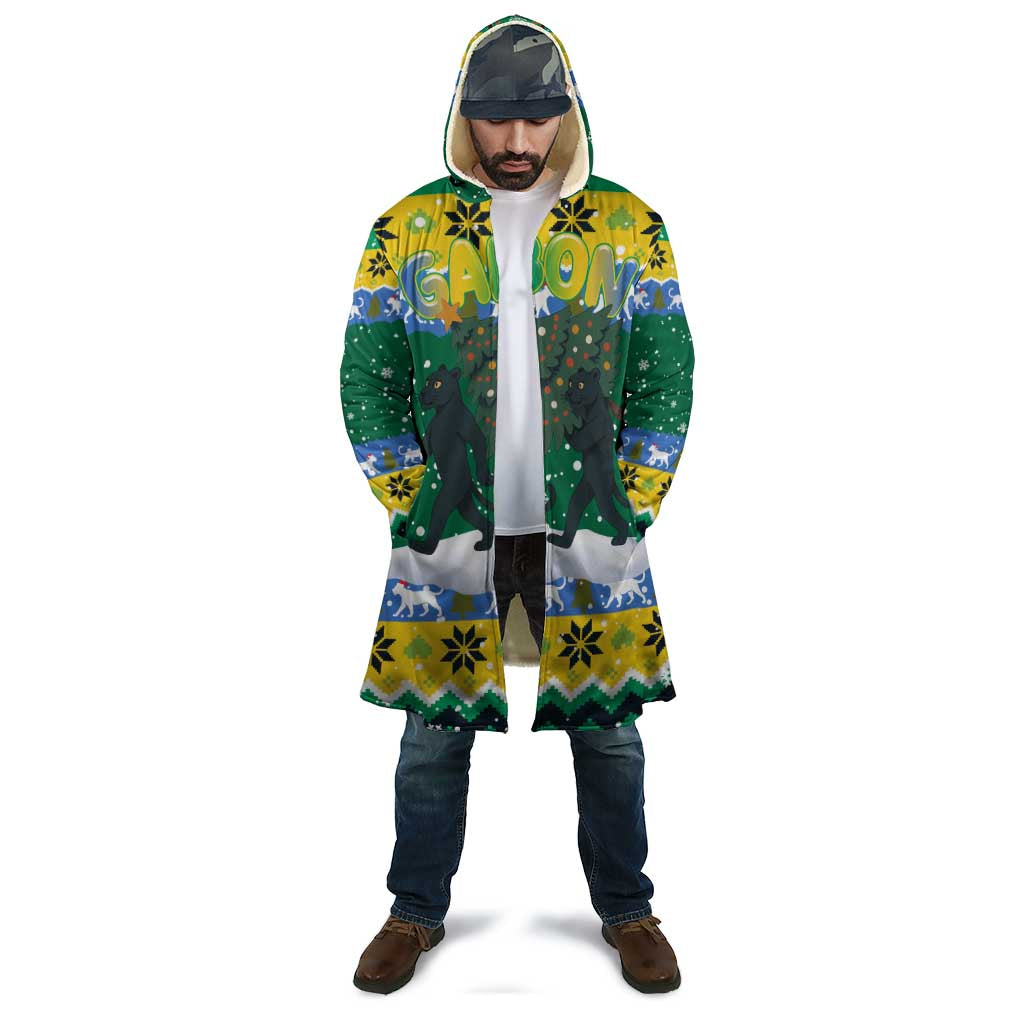 Gabon Christmas Cloak with Black Panthers Carrying Tree and Green Yellow Snowflake Pattern - Wonder Print Shop
